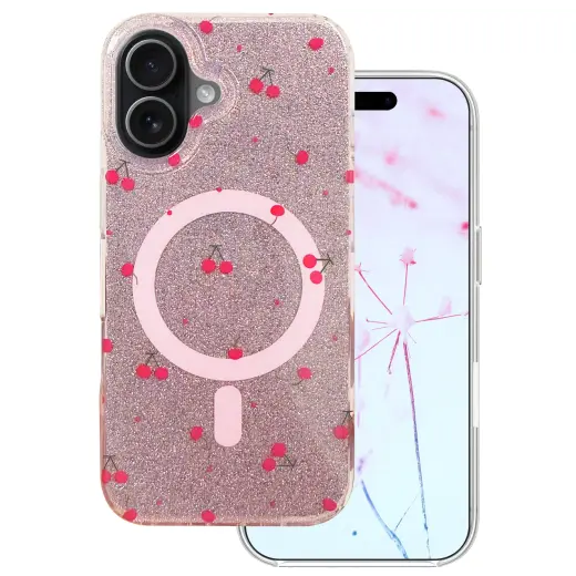 Cherry Mag Glitter telefono dėklas su MagSafe palaikymu iPhone 16 raudonas