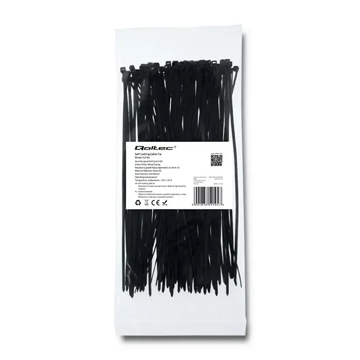 Qoltec Self-locking cable tie | 2.5*200mm | 100 pcs. | Nylon66 | UV | Black