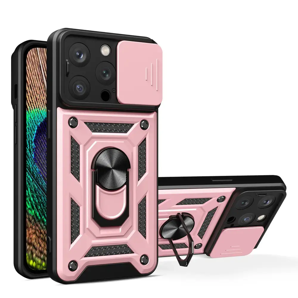 Hybrid Armor Camshield maciņš ar statīvu telefonam iPhone 15 Pro Max rozā (ar kameras aizsargu)