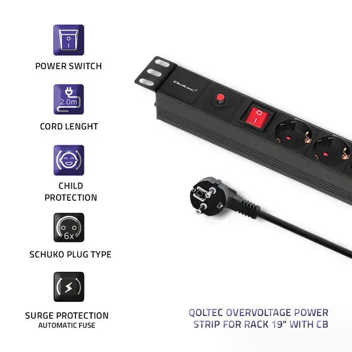 Qoltec Overvoltage power strip for RACK 19" with CB | 1U | 16A | PDU | 6xSCHUKO| 2m
