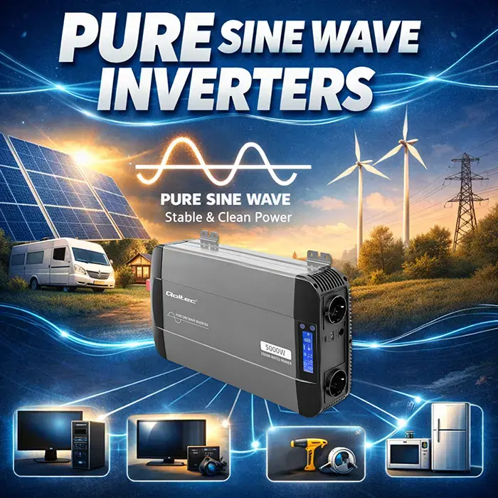 Qoltec Pure Sine Wave Inverter | 12V to 230V | 2500/5000W | LCD | USB | USC-C | Compatible with LiFePO4 GEL AGM