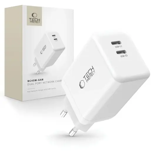TECH-PROTECT NC45W tīkla lādētājs | 45W | GaN, PD | USB-C | balts