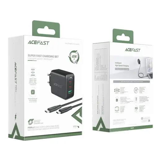 Acefast A13 зарядное устройство | 65W | PD, QC 3.0 | USB-C | с проводом USB-C на USB-C в комплекте | черное
