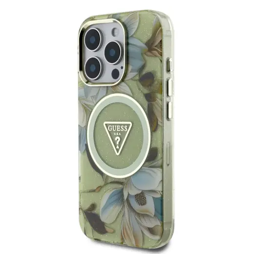 Guess IML Glitter Magnolia and Triangle Logo MagSafe Case for iPhone 16 Pro Green
