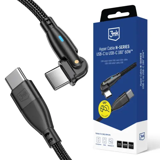 3mk Hyper N-SERIES duomenų perdavimo ir įkrovimo laidas | USB-C į USB-C | 60W | 2m | juodas