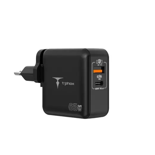 T-Phox Mega T-PP09 tīkla lādētājs | 65W | PD, GaN | USB-A, USB-C | melns