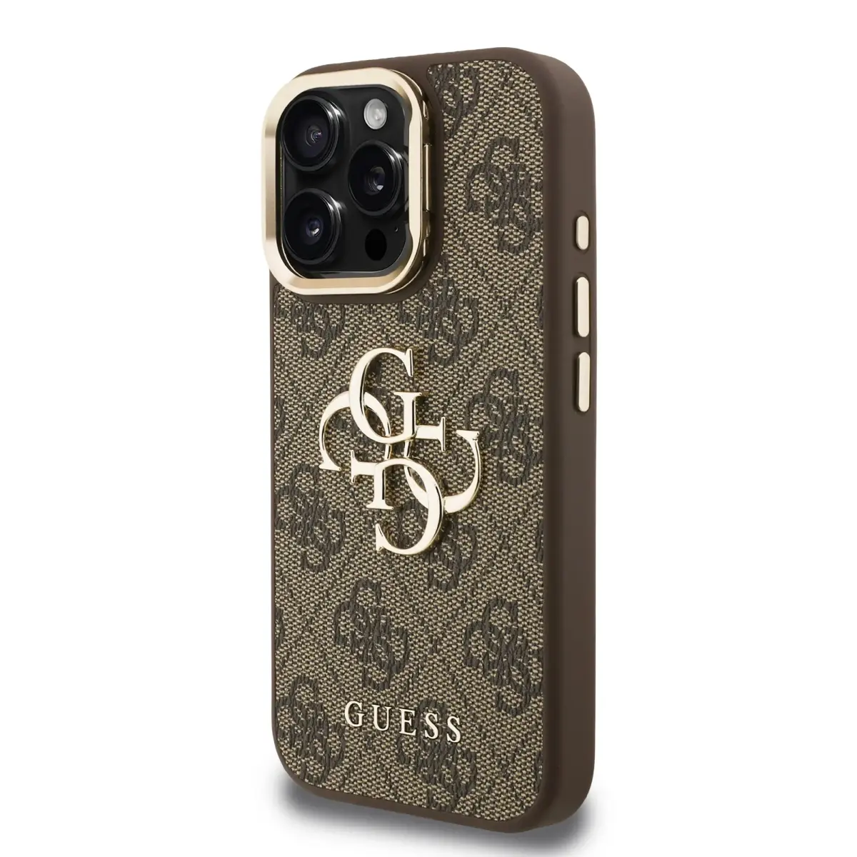 Guess PU 4G Metal Logo Stand Camera Frame telefona maciņš iPhone 15 Pro brūns