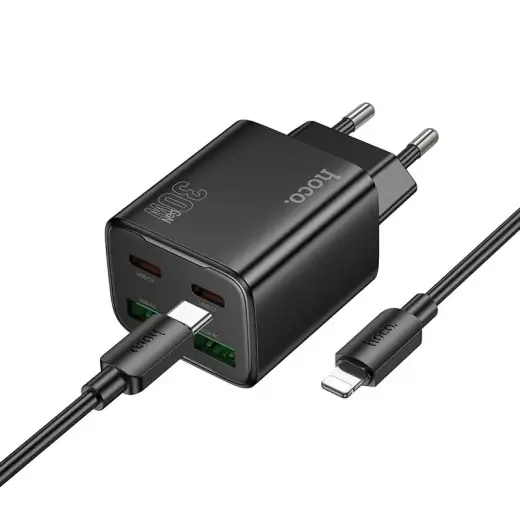HOCO N56 reisilaadija | 30W | PD, QC, PPS | USB-C, USB-A | USB-C kuni Lightning kaabliga komplektis | must