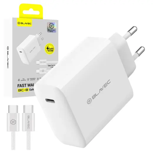 Blavec BC-8 tīkla lādētājs | 65W | PD, QC, GaN | USB-C | ar USB-C uz USB-C vadu komplektā | balts