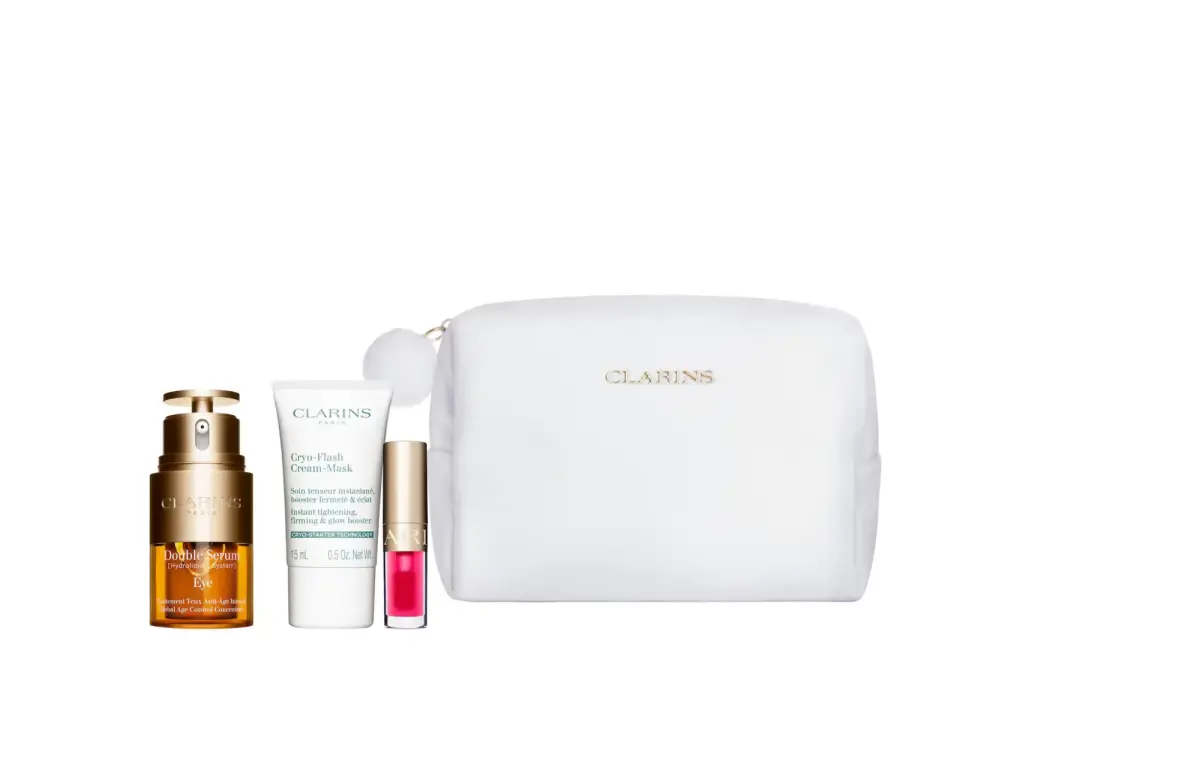 Set Clarins: Double Serum, Anti-Age, Eye Serum, 20 ml + Cryo-Flash, Firming & Radiance, Cream Mask, For Face, 15 ml + Lip Confort, Lip Oil, 04, 1.4 ml + Clarins, Zippered, GWP Textile Pouch, White