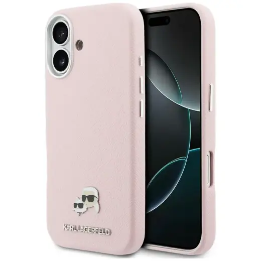 Karl Lagerfeld Karl & Choupette Head Pins Saffiano maciņš ar MagSafe atbalstu telefonam iPhone 17 rozā
