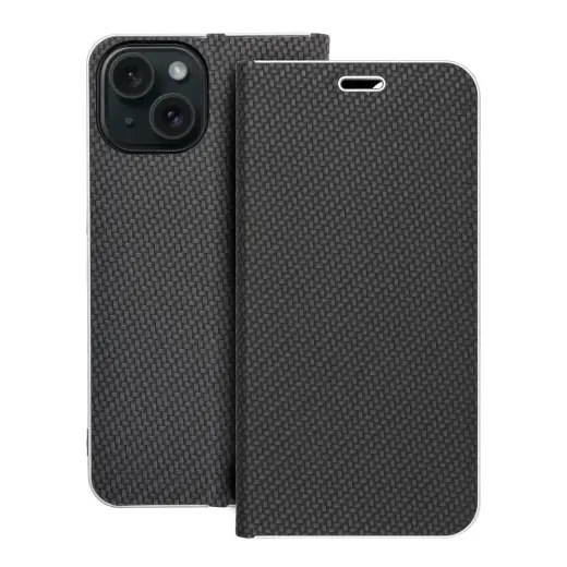 LUNA Book Carbon knyginio tipo telefono dėklas iPhone 15 juodas