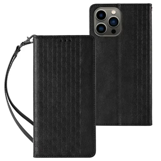 Magnet Strap knyginio tipo telefono dėklas su stovu iPhone 14 juodas