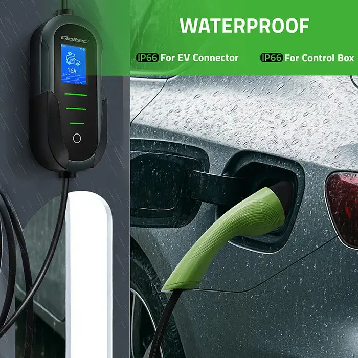 Qoltec Mobile EV Electric Car Charger with 2-in-1 Type 2 Adjustment | 11kW | 400V | CEE 32A | Wifi | TUYA | SMART LIFE | LCD | Portable | 5m