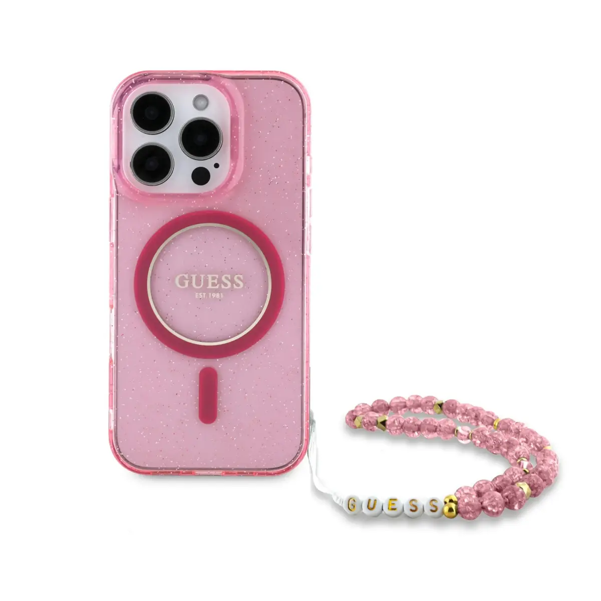 Guess IML Glitter Strap MagSafe Case for iPhone 16 Pro Max Pink