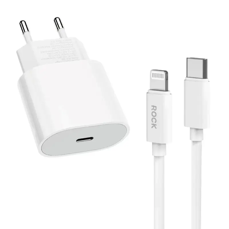 Rock T18 travel charger | 20W | GaN, QC3.0, PD | USB-C, Lightning | with Lightning cable included | white
