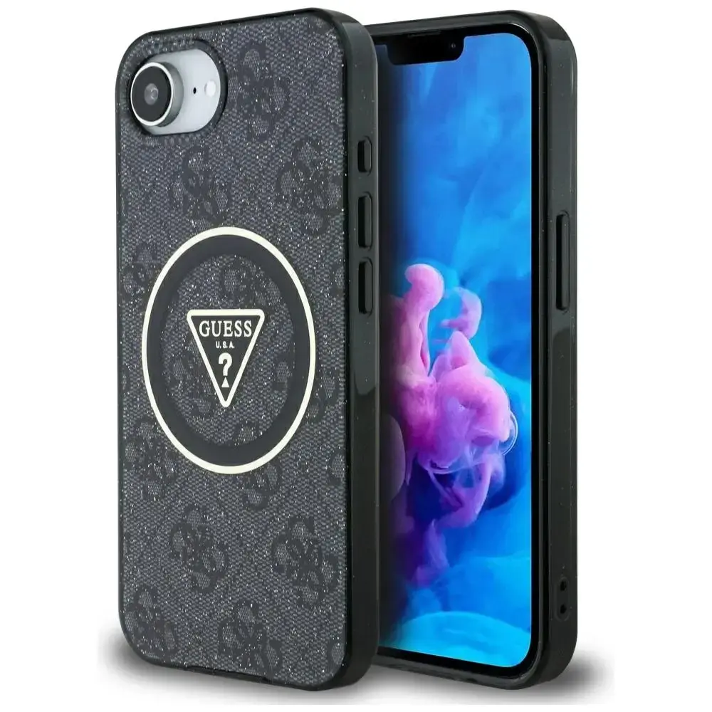 Guess IML Metal Glitter 4G Circle Triangle MagSafe telefona maciņš iPhone 16e melnā
