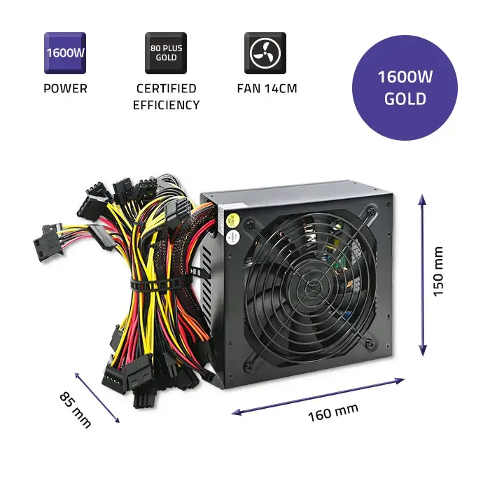 Qoltec ATX Power Supply 1600W | 80 Plus Gold | Data mining