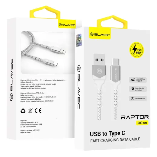 Blavec Raptor CRA-UC6WS20 data transfer and charging cable | USB-A to USB-C | 66W | 2m | white, silver