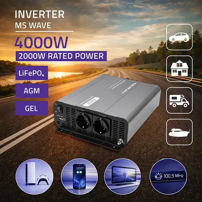 Qoltec MS Wave Voltage Converter | 12V to 230V | 2000/4000W | USB | Compatible with LiFePO4, GEL and AGM batteries