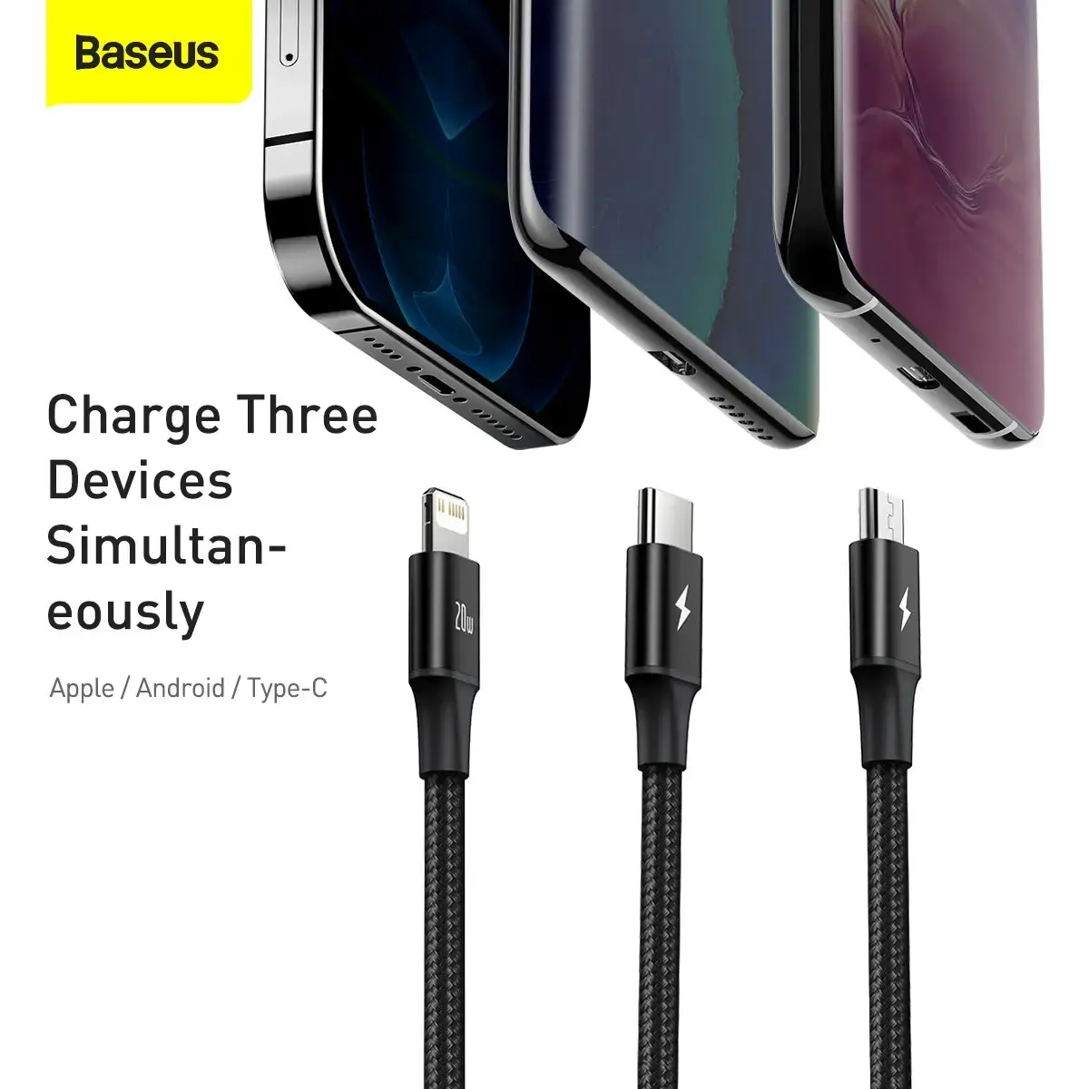 Baseus Rapid Series 3-in-1 datu pārraides un uzlādes vads | USB-C uz USB-C, Lightning, Micro USB | 20W | 1.5m | melns