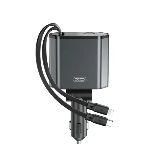 Зарядка для автомобиля XO | 104W | USB, USB-C | с кабелями USB-C и Lightning в комплекте | серое