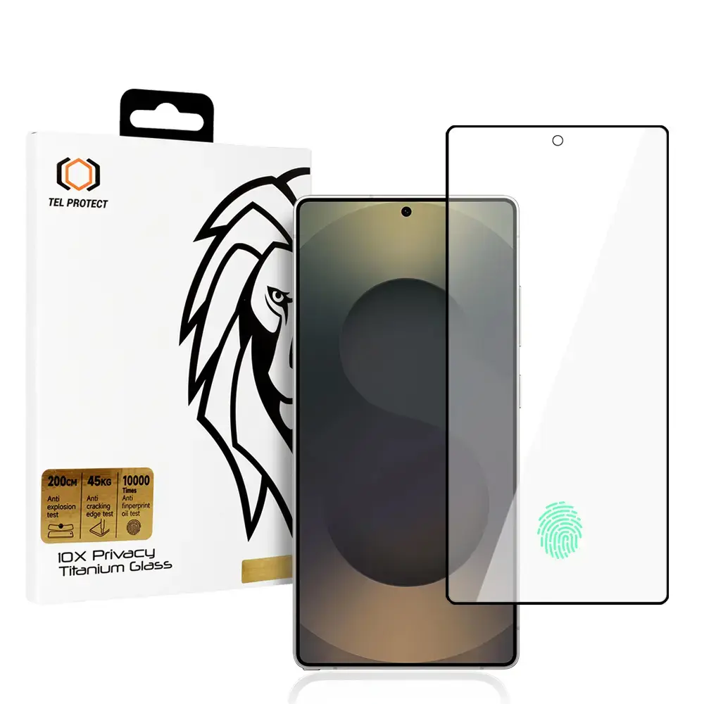 Tel Protect 10X Privacy Titanium aizsargstikls telefona ekrānam Galaxy S25 Ultra (privātuma efekts) (saderīgs ar pirksta nospieduma sensoru)