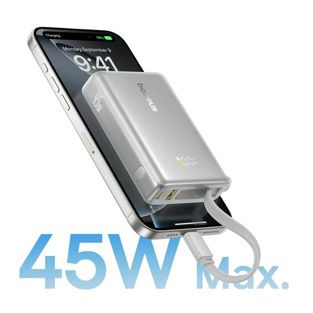 Baseus PicoGo 10000mAh 45W Powerbank with Digital Display and Built-in USB-C Cable - Titanium