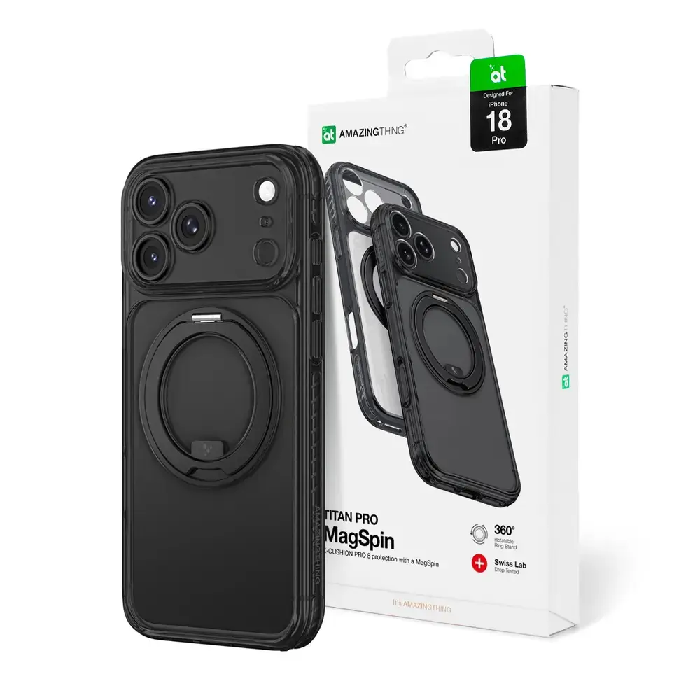 AmazingThing Titan Pro Spin Lens phone case with stand and MagSafe support for iPhone 18 Pro black