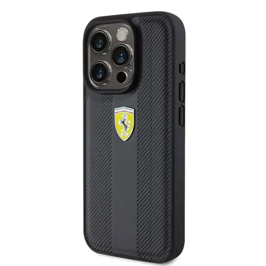 Ferrari PU Leather Hot Stamp Groove Pattern Case for iPhone 15 Pro Black
