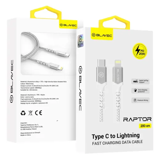 Blavec Raptor CRA-CL24WS20 data transfer and charging cable | USB-C to Lightning | 20W | 2m | white, silver