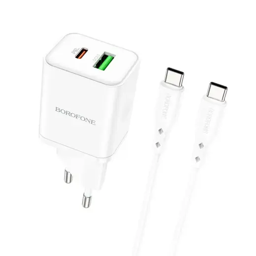 Borofone BN7 reisilaadija | 20W | QC3.0, PD | USB-A, USB-C | USB-C–USB-C kaabel komplektis | valge