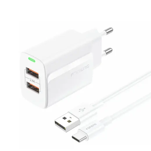 Foneng EU63 travel charger | 12W | USB-C, USB-A | with USB to Type C cable included | white