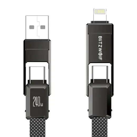BlitzWolf BW-HDC7 4-in-1 datu pārraides un uzlādes vads | USB-A uz USB-C, Lightning | 240W | 1.2m | melns