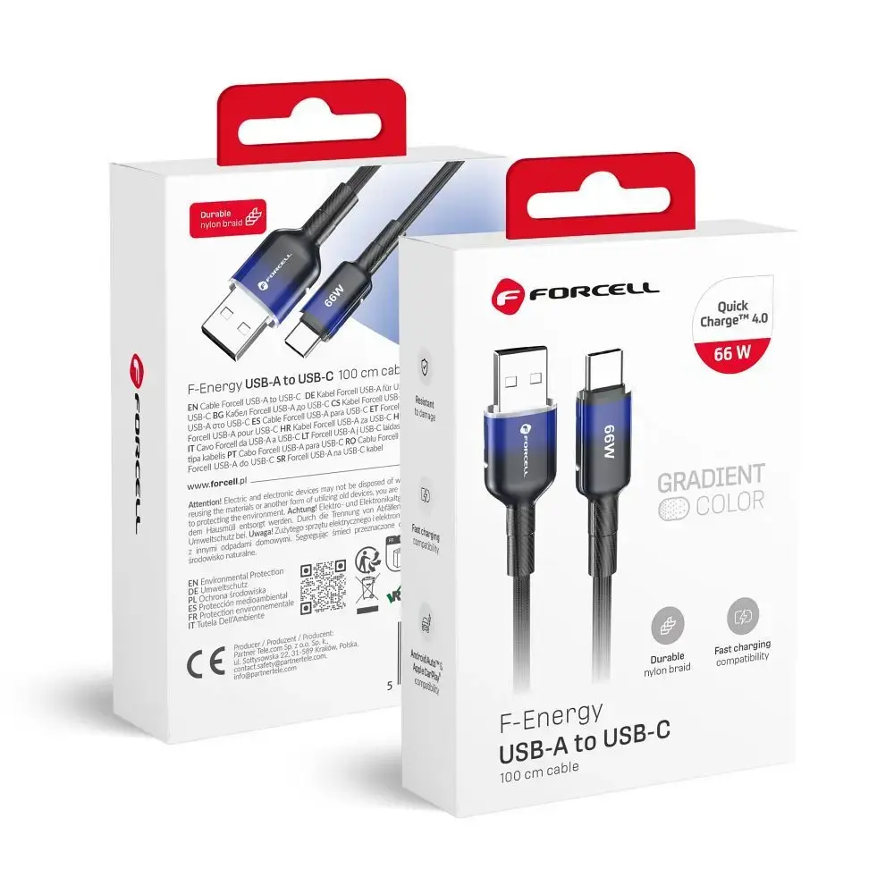 Forcell F-Energy C352 data transfer and charging cable | USB-A to USB-C | QC 4.0 | 66W | 1m | black