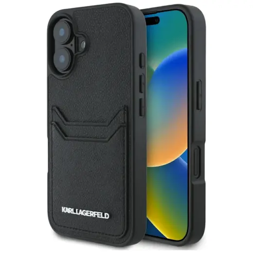 Karl Lagerfeld Grained PU Cardslot Metal Elong phone case for iPhone 16 black
