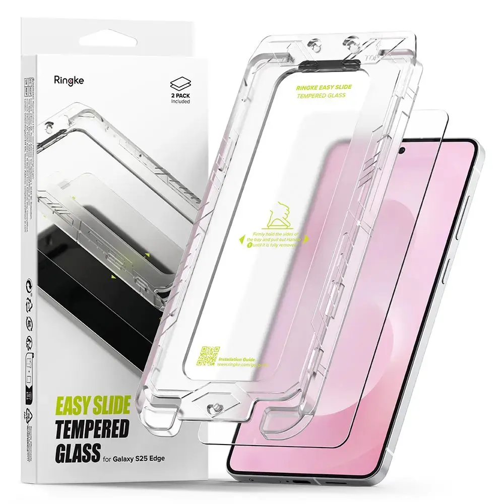 Ringke Easy Slide aizsargstikls telefona ekrānam Galaxy S25 Edge ar uzstādīšanas rāmi (2 gab.)