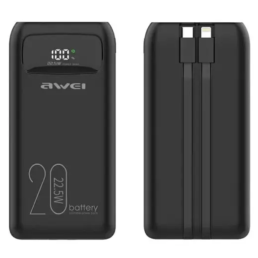 AWEI P169K ārējais akumulators (powerbank) | 20000 mAh | 22.5W | USB-C, Lightning | melns