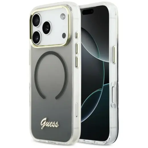 Guess IML Gradient Script Metal maciņš ar MagSafe atbalstu telefonam iPhone 17 Pro melns