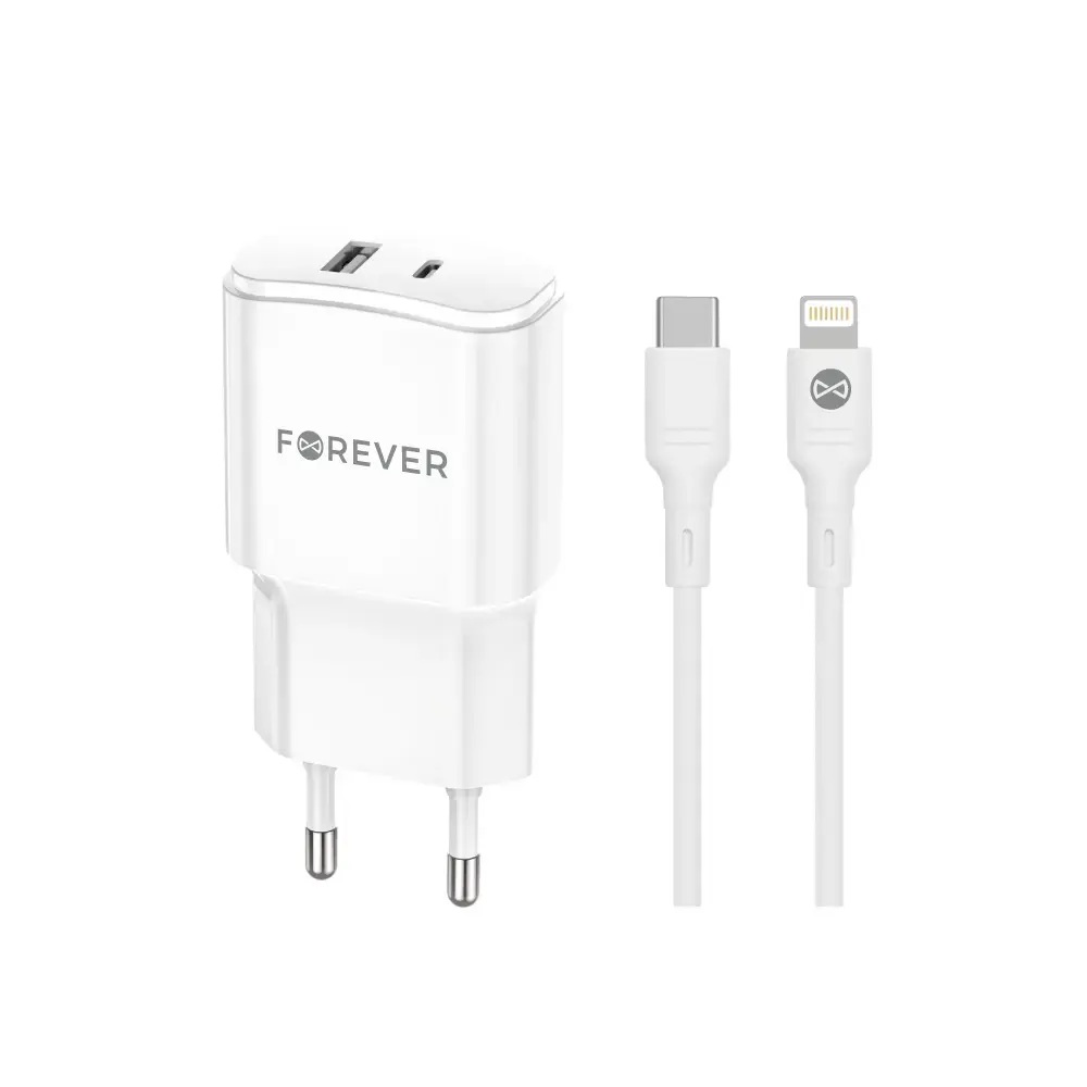 Forever TC-01-20AC зарядное устройство | 20W | PD, QC | USB-C, USB-A | с проводом USB-C на Lightning в комплекте | белое