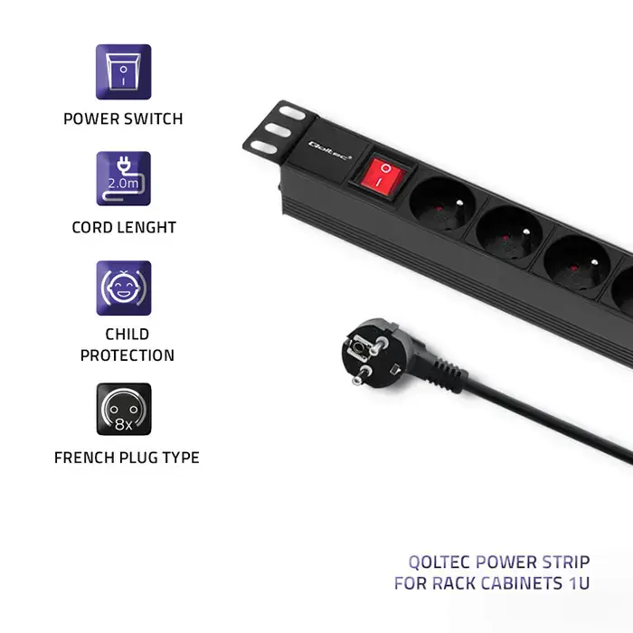 Qoltec Power strip for RACK cabinets | 1U | 16A | PDU | 8xFRENCH | 2m