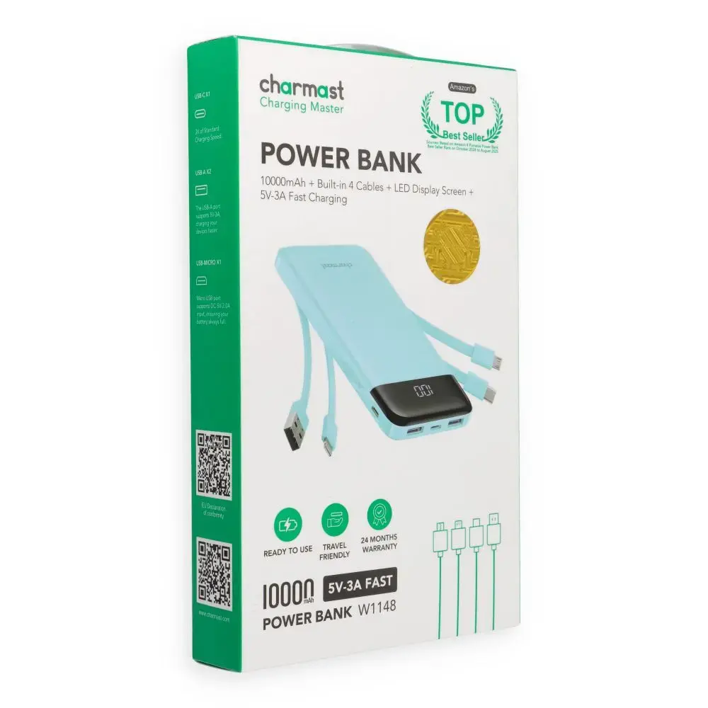 Powerbank 5V 3A 10000 mAh with built-in cables USB A / USB C / Lightning / Micro USB Charmast W1148 green