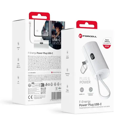 Forcell F-Energy Power Plug F5K3 PD väline akupank (powerbank) | 5000 mAh | 20W | PD | USB-C | white