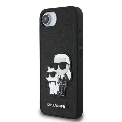 Karl Lagerfeld PU Saffiano Karl un Choupette telefona maciņš priekš iPhone 16e melns