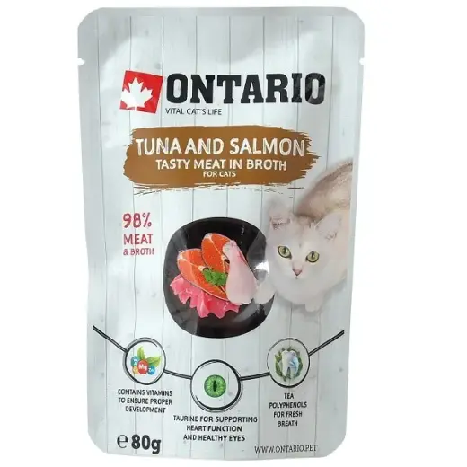 Konservi kaķiem – Ontario Pouch Tuna and Salmon in Broth, 80 g