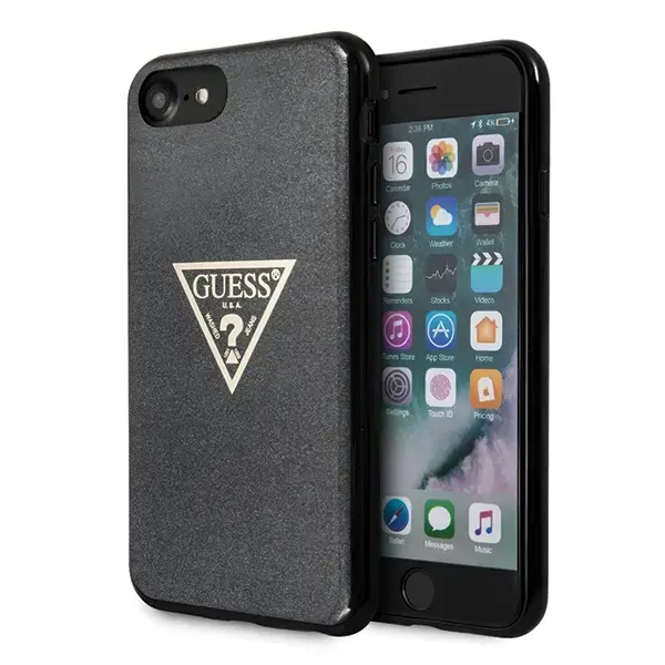 Guess ar spīdumiem Triangle telefona maciņš priekš iPhone 7 | iPhone 8 | iPhone SE 2020 | iPhone SE 2022 melns cietā maciņš ar spīdumiem