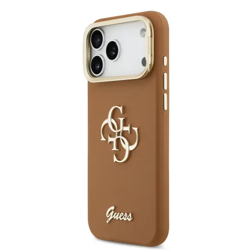 Guess PU Grained 4G Logo Stand Camera Frame Case for iPhone 17 Pro Max Brown