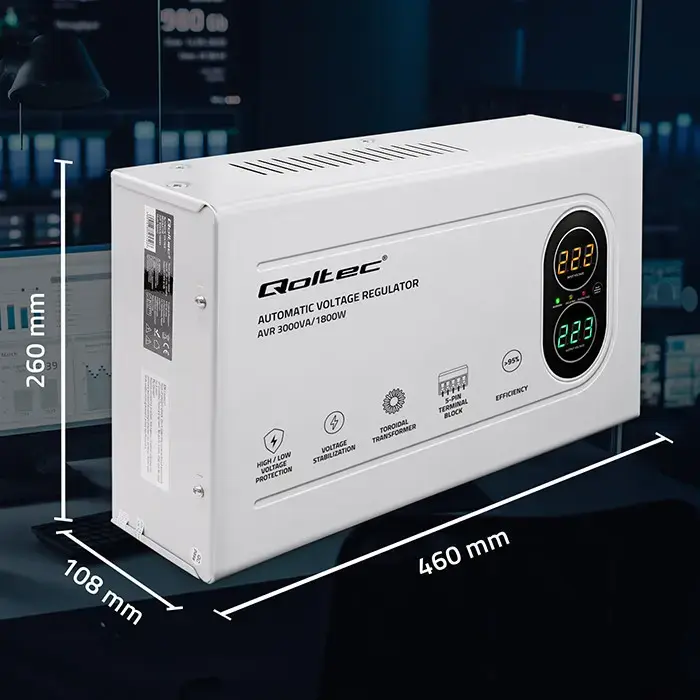 Qoltec Automatic Voltage Stabilizer AVR 3000VA | 1800W | Compact | Toroidal transformer