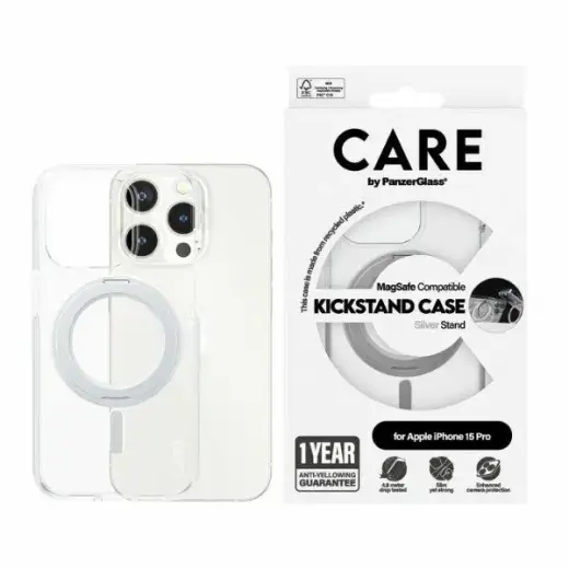 CARE by PanzerGlass Kickstand Case iPhone 15 Pro 6,1" MagSafe srebrny|silver 1414