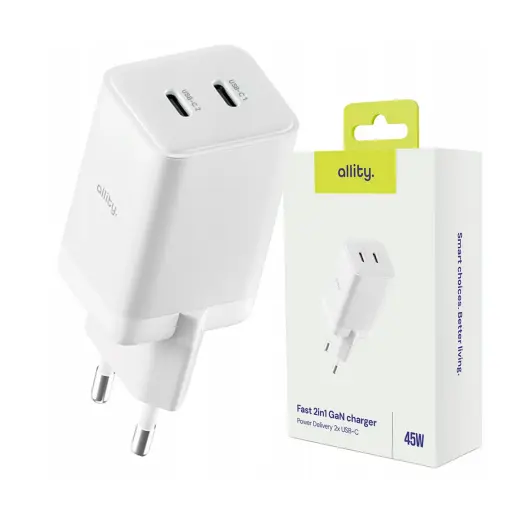 Allity wall charger GaN PD QC ATC-01-45WCC 2x USB-C 45W white